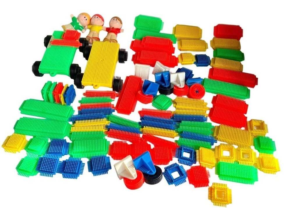 Vintage Playskool Bristle Blocks Building Toy Set with Figures and Vehicles